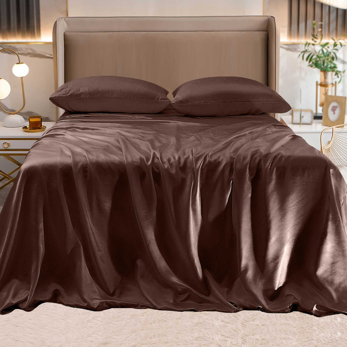 Luxury Bedding Outlet Fine 4-Piece Silky Satin Sheet Set, Bright Shades