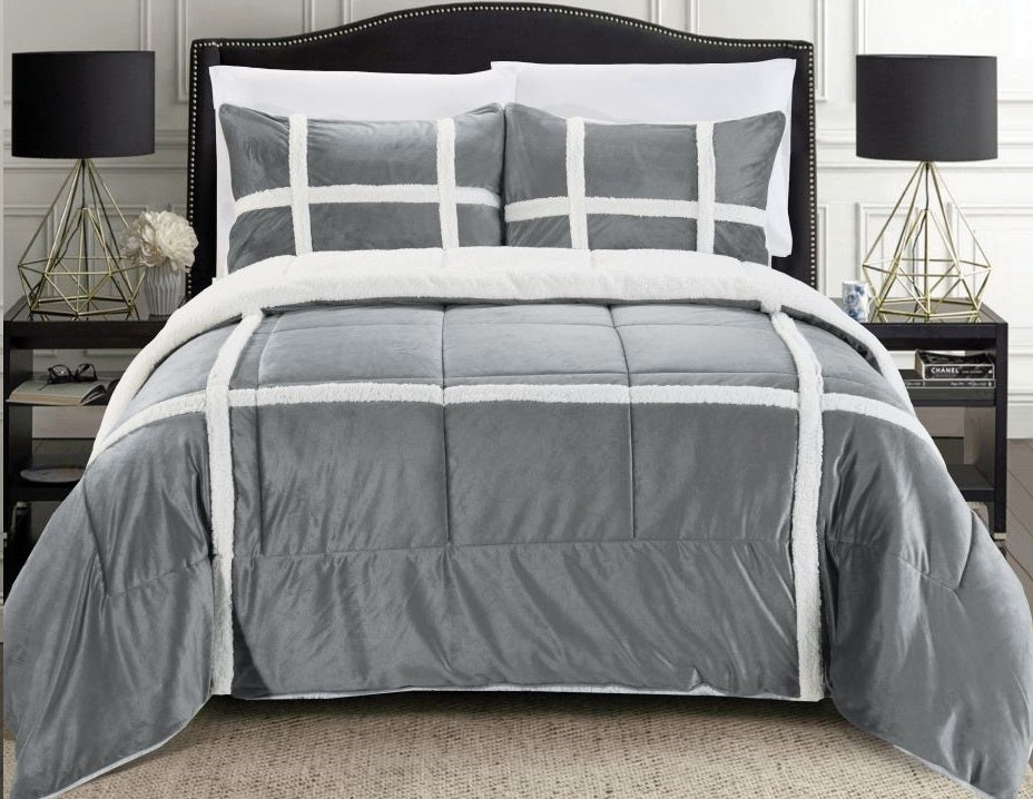 Luxury Bedding Outlet 3-Piece Stripe Micro-Suede Reversible Sherpa Comforter Set