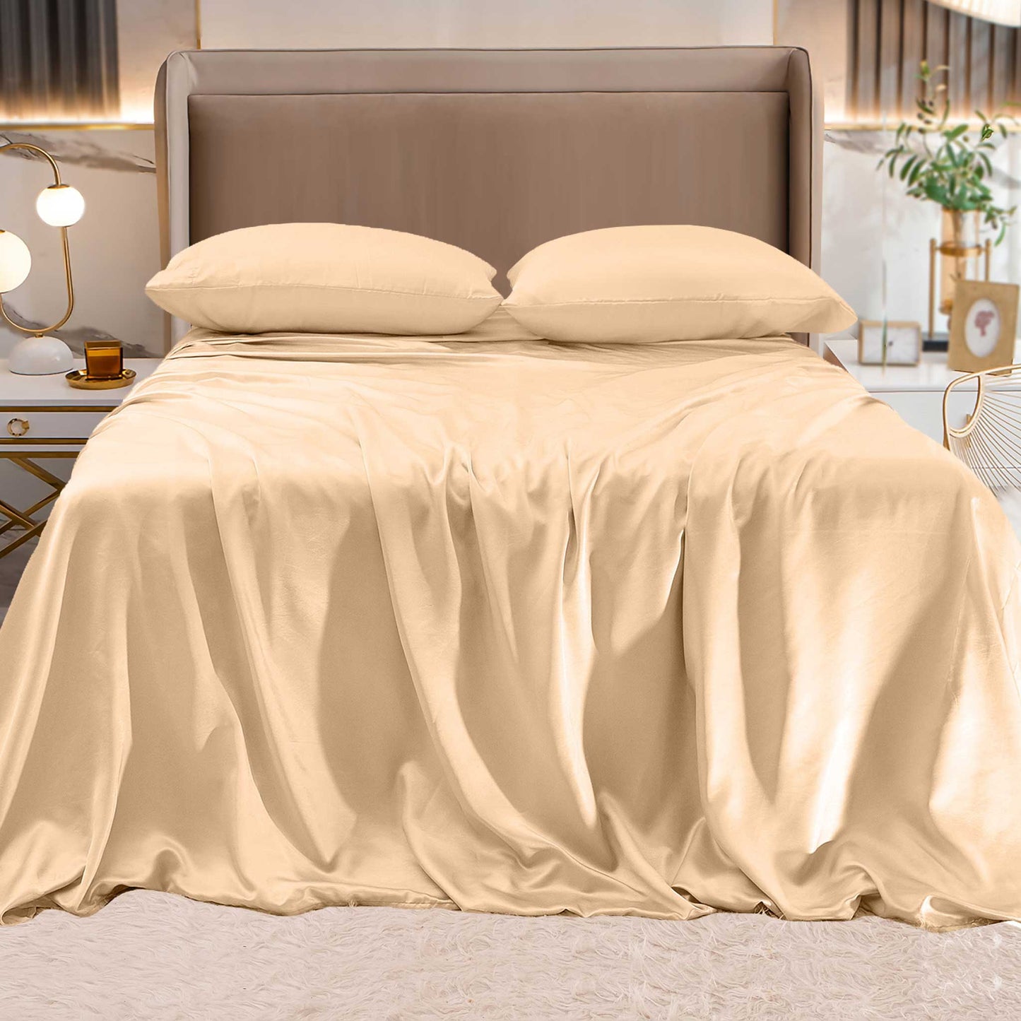 Luxury Bedding Outlet Fine 4-Piece Silky Satin Sheet Set, Bright Shades