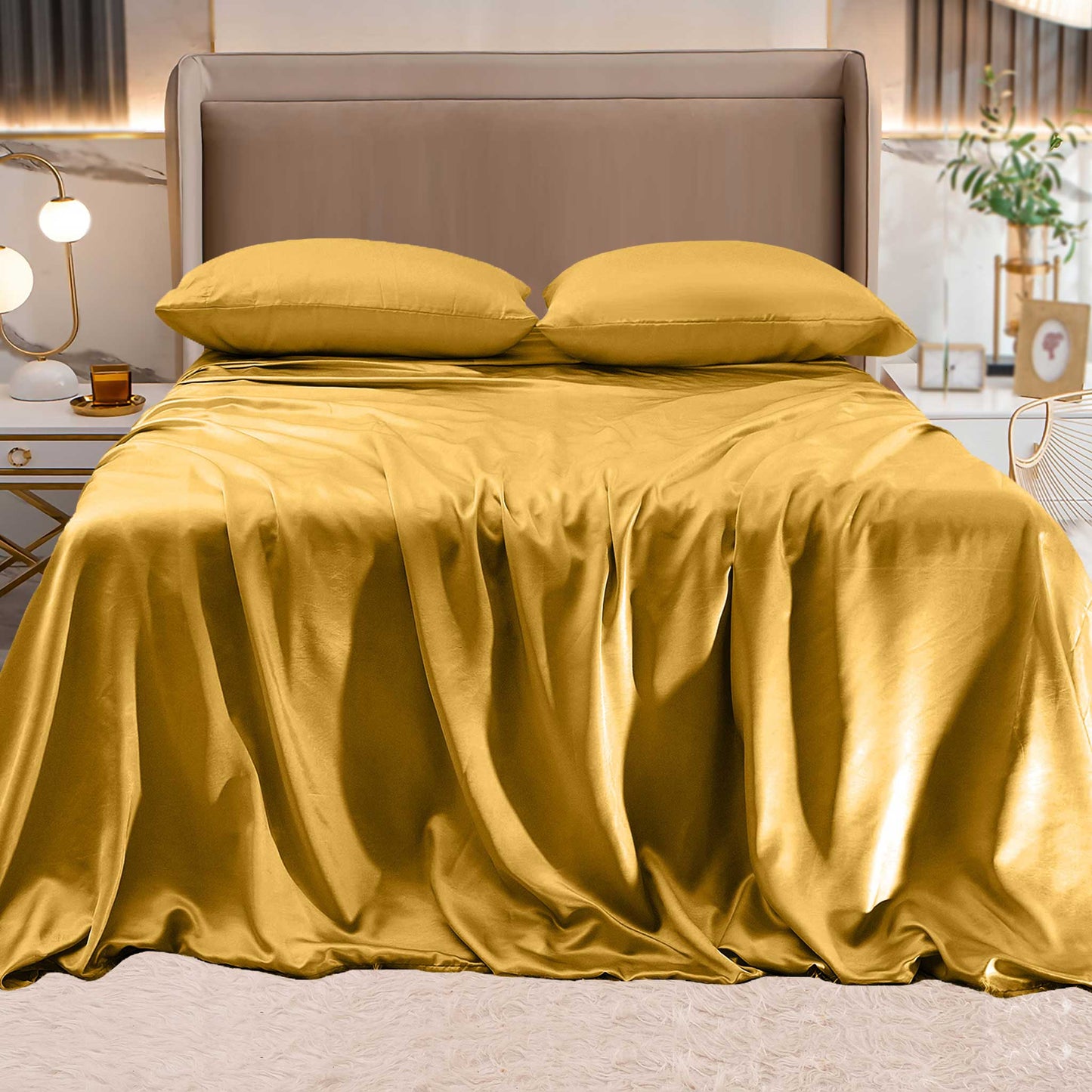 Luxury Bedding Outlet Fine 4-Piece Silky Satin Sheet Set, Bright Shades