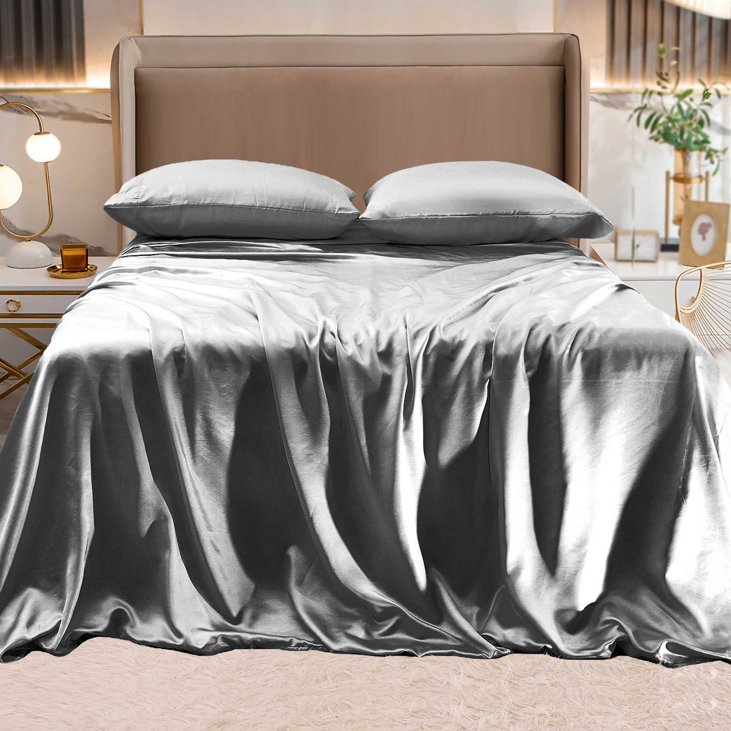 Luxury Bedding Outlet Fine 4-Piece Silky Satin Sheet Set, Moody Shades