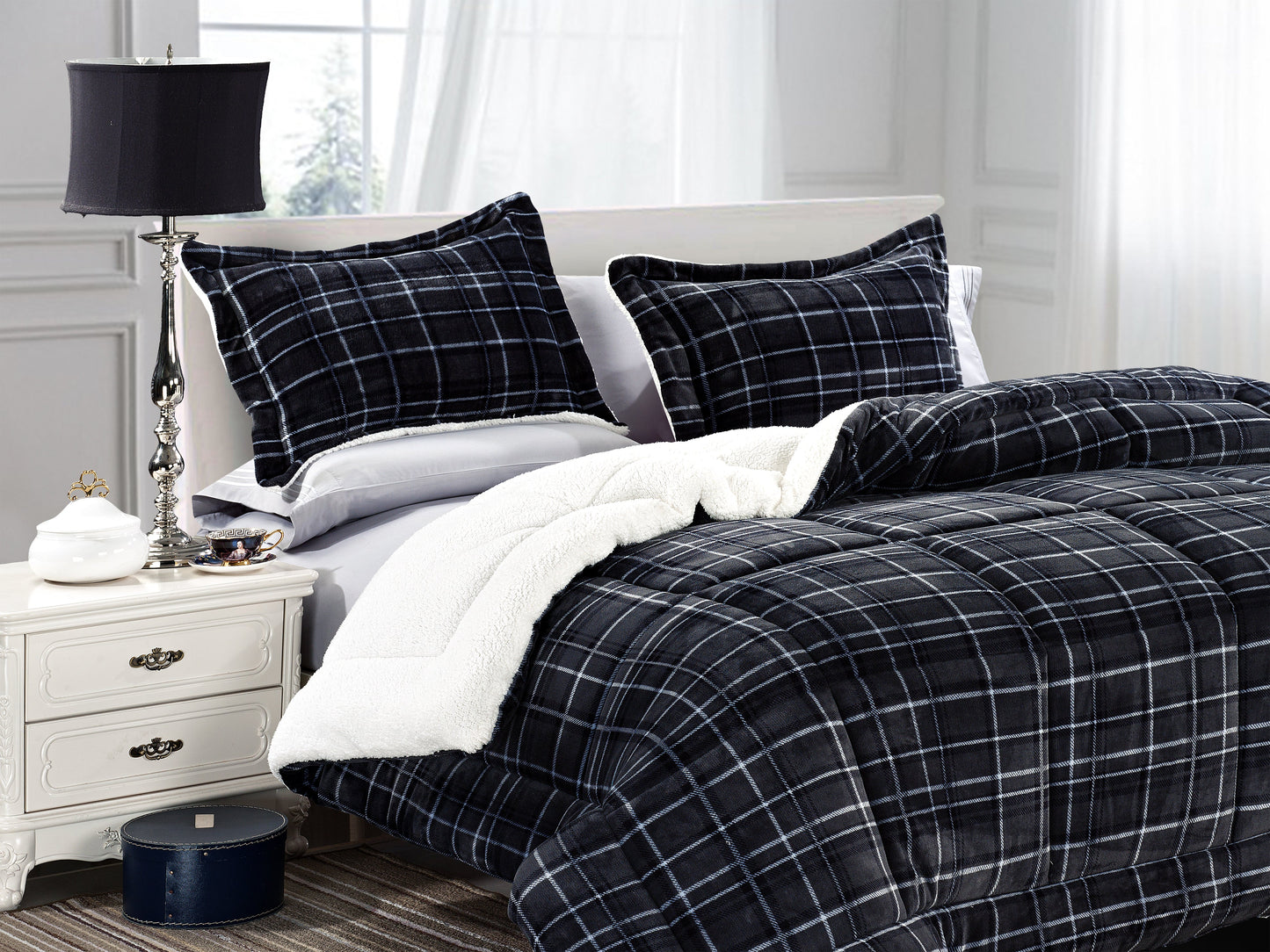 Luxury Bedding Outlet 3-Piece Plaid Micro-Suede Reversible Sherpa Comforter Set