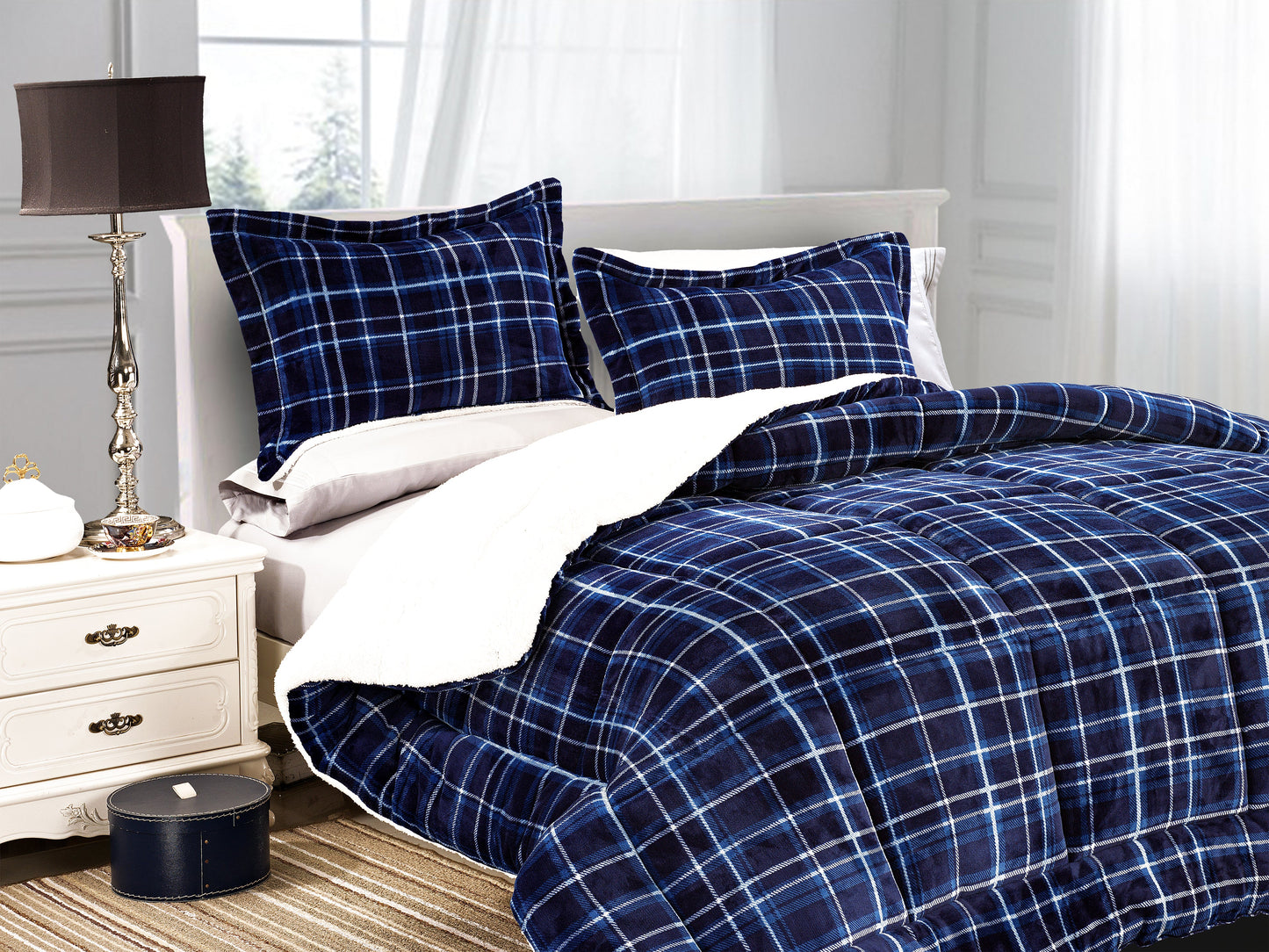 Luxury Bedding Outlet 3-Piece Plaid Micro-Suede Reversible Sherpa Comforter Set