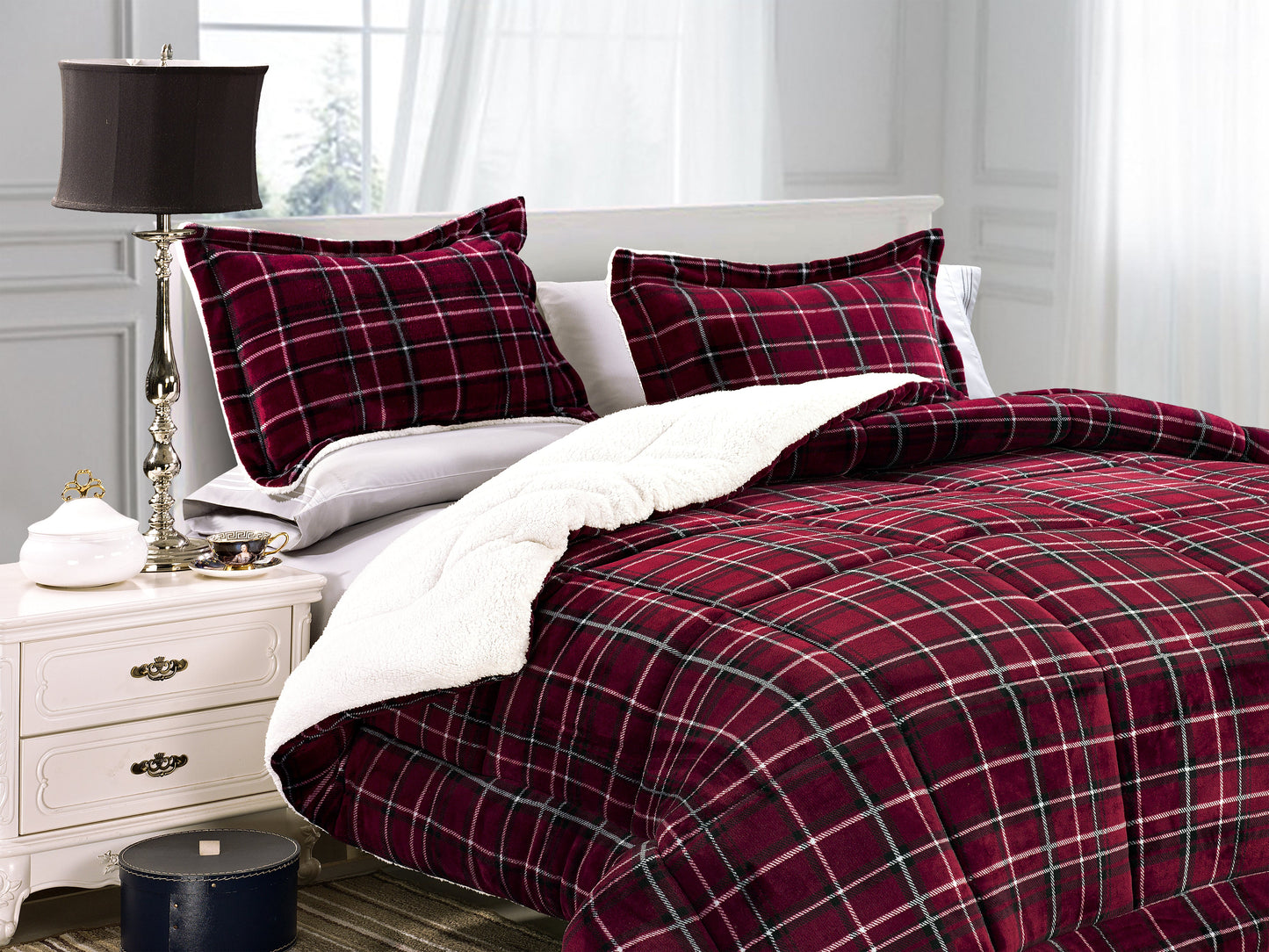 Luxury Bedding Outlet 3-Piece Plaid Micro-Suede Reversible Sherpa Comforter Set