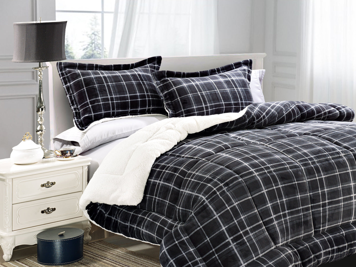 Luxury Bedding Outlet 3-Piece Plaid Micro-Suede Reversible Sherpa Comforter Set